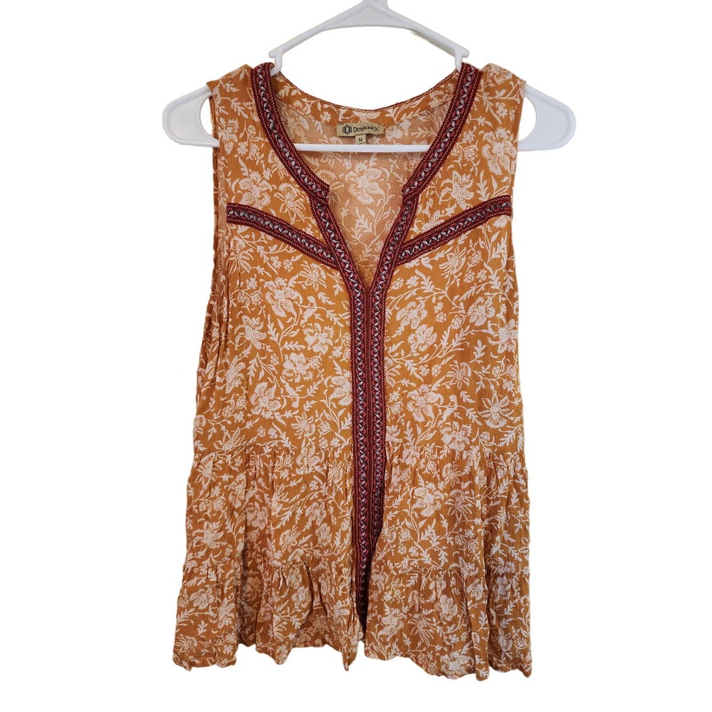 DEMOCRACY Yellow Boho Hippie Sleeveless Top Tapestry Collar MED